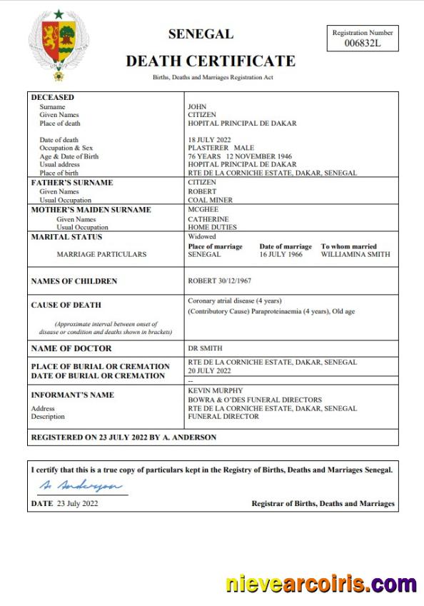 Senegal vital record death certificate